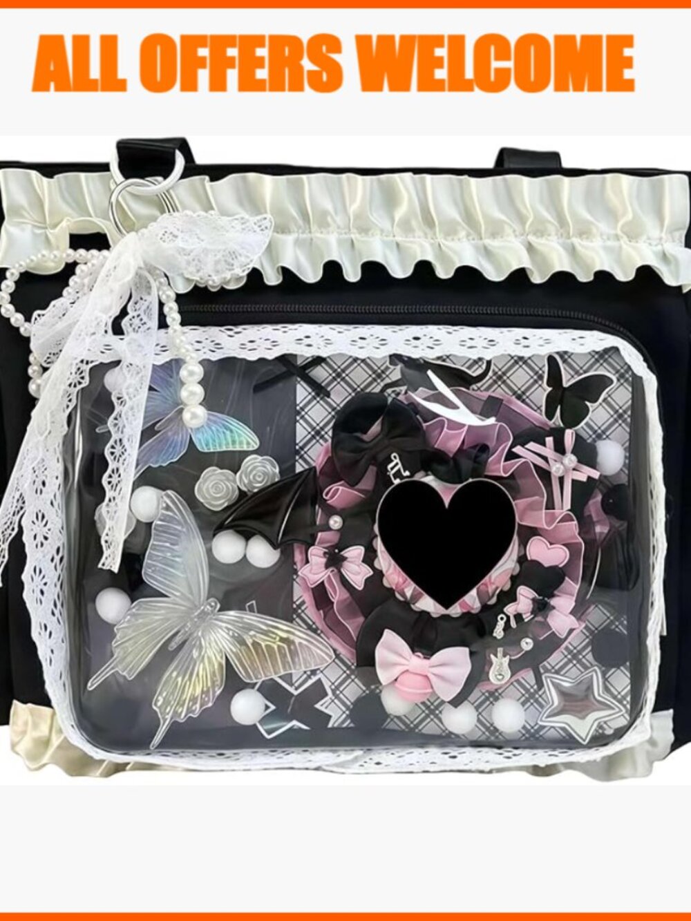 Nylon Crossbody Tote Bag with Lace Trim and Adjustable Strap